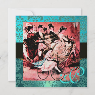 SVART RÖD BLÅ CYKEL BRÖLLLOP DAMASK MONOGRAM INBJUDNINGAR