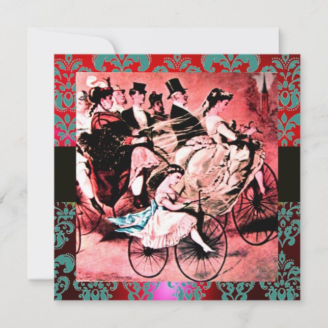 SVART RÖD BLÅ CYKEL BRÖLLLOP DAMASK MONOGRAM INBJUDNINGAR (Framsida)