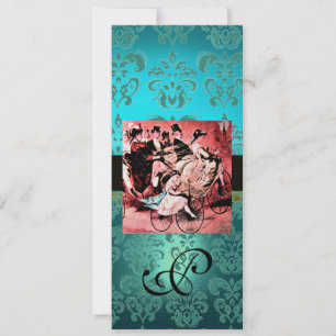 SVART RÖD BLÅ CYKEL BRÖLLLOP DAMASK MONOGRAM INBJUDNINGAR