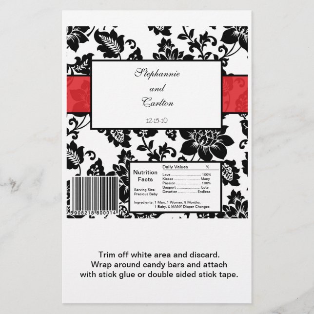 Svart/Röd Blommigt Damask Wedding Candy Wrapper (Framsida)