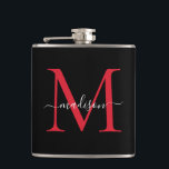Svart Röd Burgunder Monogram Stilig Skriptnamn Fickplunta<br><div class="desc">Elegant Svart Burgunder Mörkröd Röd Monogram Stilig Skriptnamn Flask</div>