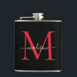 Svart Röd Burgundy Monogram Stilig Skriptnamn Fickplunta<br><div class="desc">Elegant Svart Burgundy Vinröda Röd Monogram Stilig Skriptnamn Flask</div>