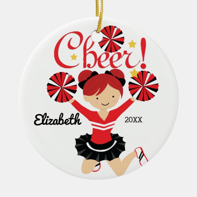 Svart & Röd Cheer Röd Hår Cheerleader Ornament (Framsidan)