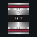 Svart Röd Davidstjärna Bar Mitzvah RSVP OSA Kort<br><div class="desc">Svart, röd och silver Davidstjärna Bar Mitsva-svar. Bar Mitsva-svarskort. Röd svart Bar Mitsva-svar. anpassas enkelt för ditt evenemang. Lägg till dina detaljer på framsidan och/eller baksidan genom att helt enkelt välja den orange "Anpassa!"-knappen för att börja lägga till dina evenemangsuppgifter, teckensnittsstil, teckenstorlek och färg samt formulering. Observera att alla inbjudningsdesigner...</div>