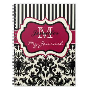 Svart röd elfenbensstam Damask Journal bärbar dato Anteckningsbok Med Spiral