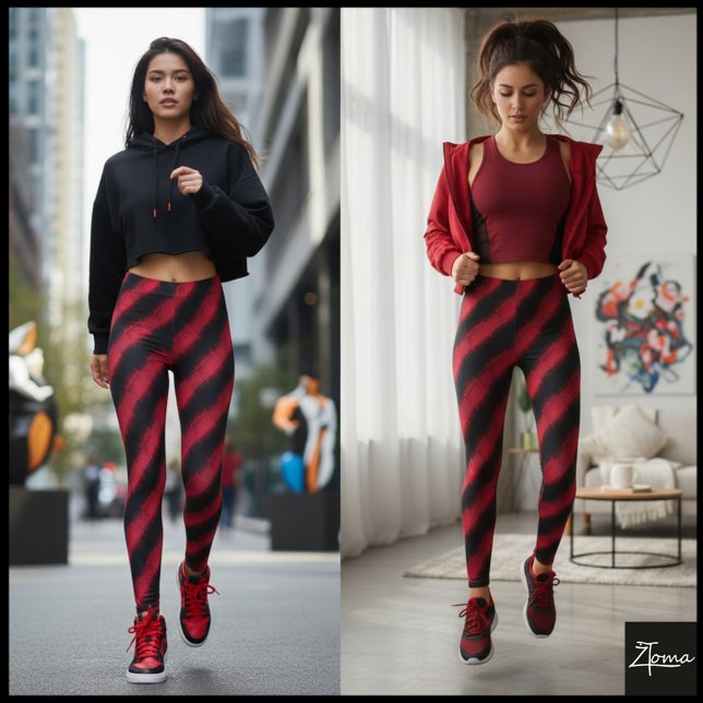 Svart Röd Glitch Cyber Diagonal Rand Leggings (Skapare uppladdad)