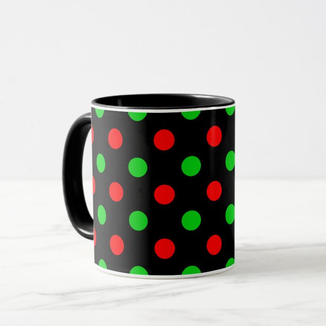 Svart Röd Grön Prickig Design  Mugg (Framsida vänster)