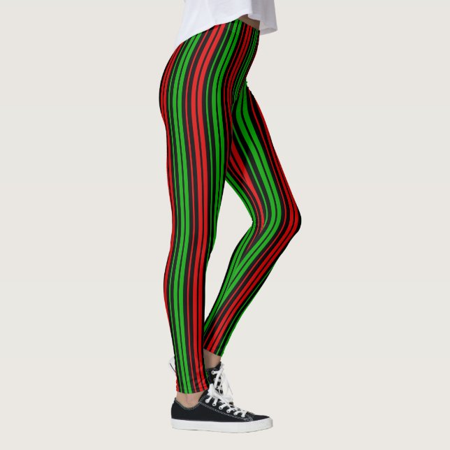 Svart Röd Grön Randigt Mönster   Leggings (Höger)