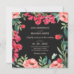 Svart röd grönt blommigt andedräkt bröllop inbjudningar