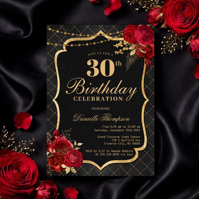 Svart, Röd & Guld 30-års födelsedagsinbjudan Inbjudningar (Black, Red & Gold 30th Birthday Invitation with Roses
)