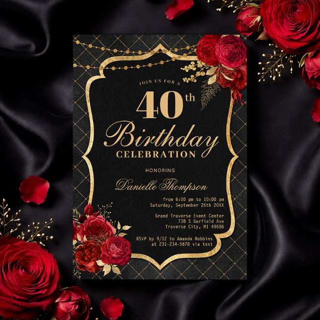 Svart, Röd & Guld 40-års födelsedagsinbjudan Inbjudningar (Black, Red & Gold 40th Birthday Invitation with Roses
)