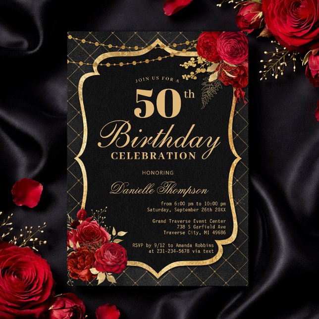 Svart, röd & guld 50-års inbjudan (Black, Red & Gold 50th Birthday Invitation with Roses)