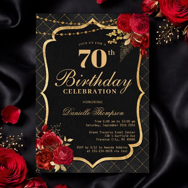 Svart, Röd & Guld 70-års födelsedagsinbjudan Inbjudningar (Black, Red & Gold 70th Birthday Invitation with Roses)
