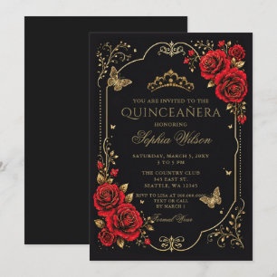 Svart Röd Guld Blommig Fjäril Quinceanera Inbjudningar