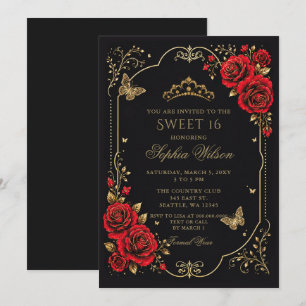 Svart Röd Guld Blommig Fjäril Sweet 16 Inbjudningar