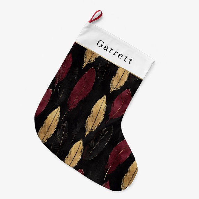 Svart Röd Guld Fjädrar Jul Stor Julstrumpa (Framsidan (Hängande))