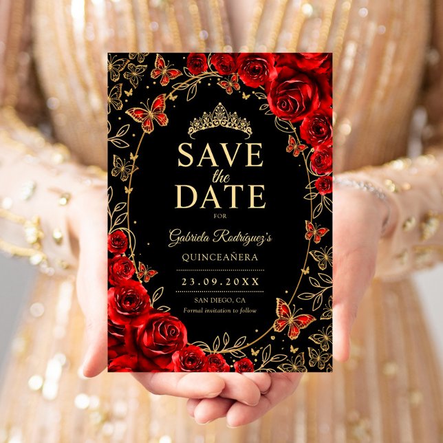 Svart Röd Guld Quinceanera Blommig Spara Datumet (Skapare uppladdad)