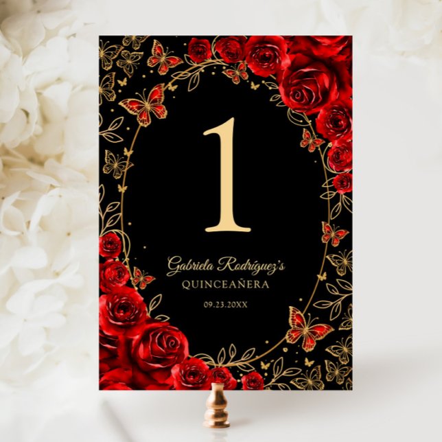Svart Röd Guld Quinceanera Bordsnummer (Skapare uppladdad)