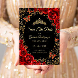 Svart Röd Guld Quinceanera Spara Datumet