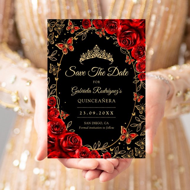 Svart Röd Guld Quinceanera Spara Datumet (Skapare uppladdad)