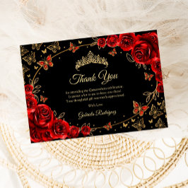 Svart Röd Guld Quinceanera Tack Kort