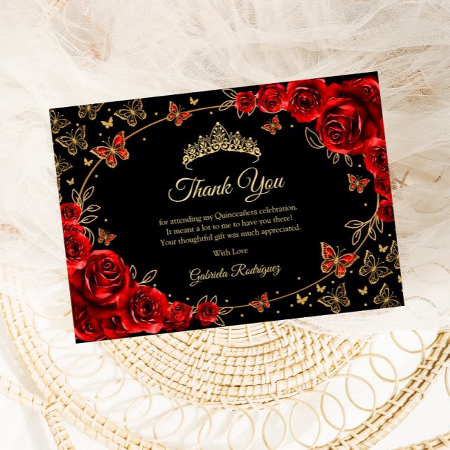 Svart Röd Guld Quinceanera Tack Kort (Skapare uppladdad)