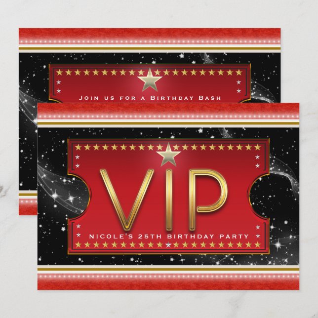 Svart Röd Guld & Silver Glam VIP Biljett Inbjudan (Fram/baksida)