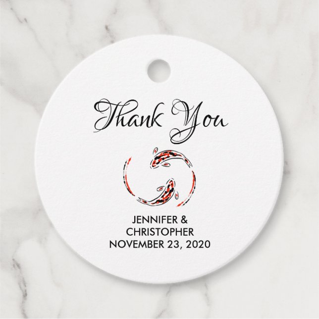 Svart & Röd Japansk Koi Fisk Konstnärlig Bröllop Gåvor Etiketter (Framsida)