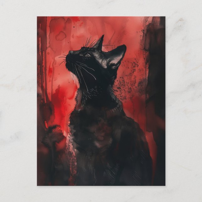 Svart & Röd Katt Abstrakt Surreal Porträttmålning Vykort (Framsida)
