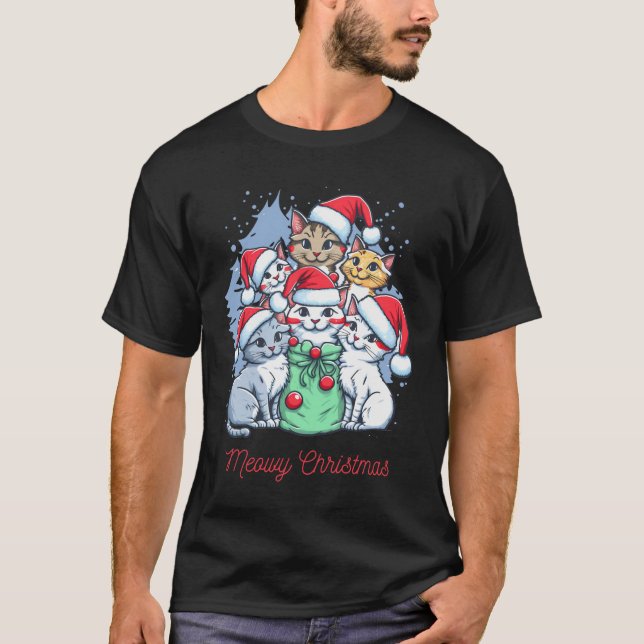 Svart Röd Katt Jul Jul T Shirt (Framsida)