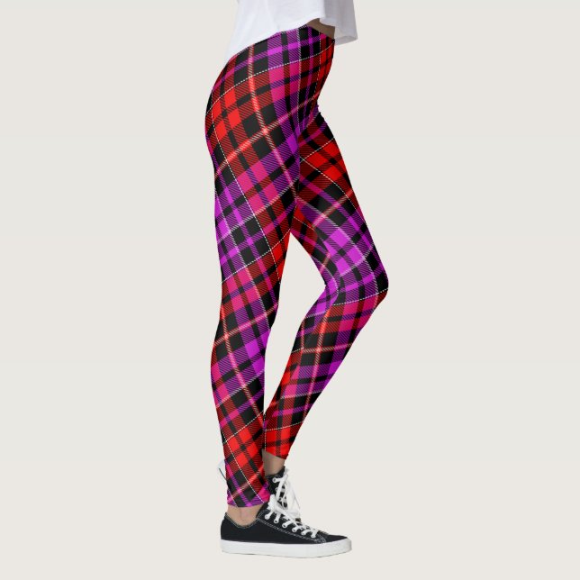 Svart Röd Lila Rutig Tartan Design  Leggings (Höger)