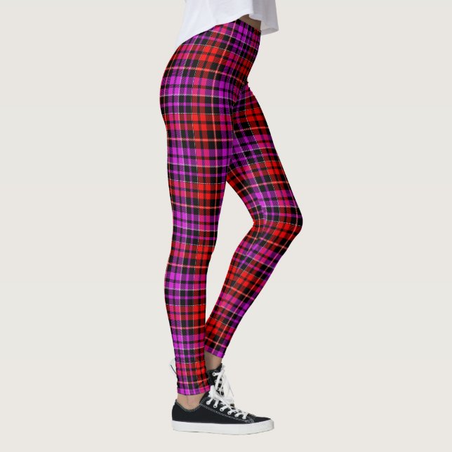 Svart Röd Lila Rutig Tartan Design  Leggings (Höger)