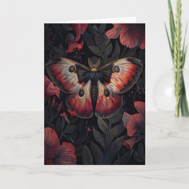 Svart Röd Moth Print Mörk Botanisk , Mörk Kort (Framsida)