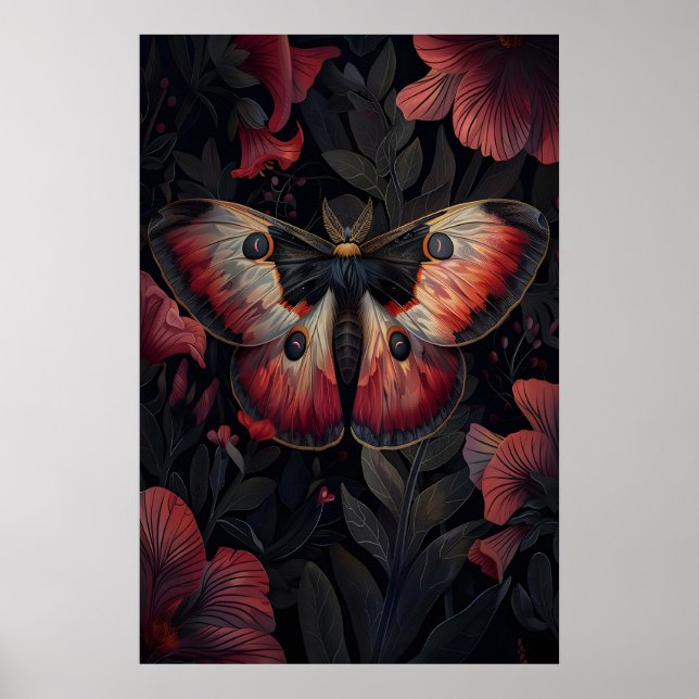 Svart Röd Moth-utskrift Mörk Botanisk , Mörk Poster (Framsidan)