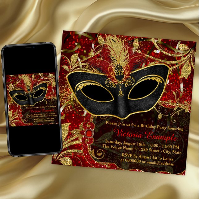 Svart röd och gul maskeradfest inbjudningar (Red and gold masquerade party invitation. Any occasion. Digital download and printed available.)