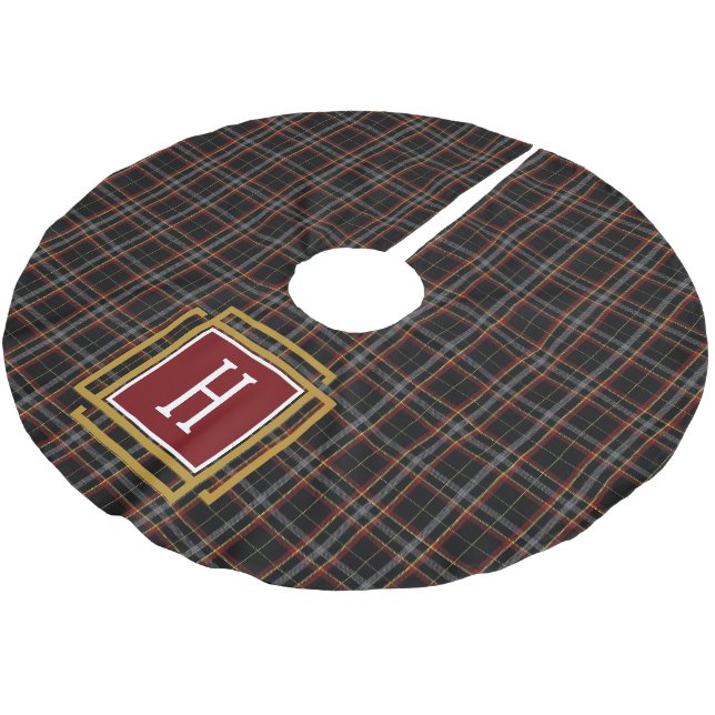 Svart Röd och gul Tartan Monogram Julgransmatta Borstad Polyester (Vinklad)