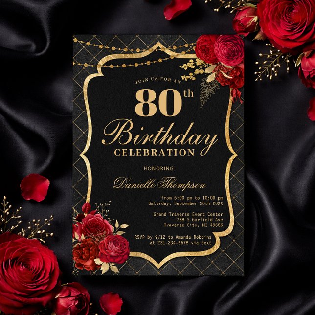 Svart, röd och guld 80-års inbjudan (Black, Red & Gold 80th Birthday Invitation with Roses)