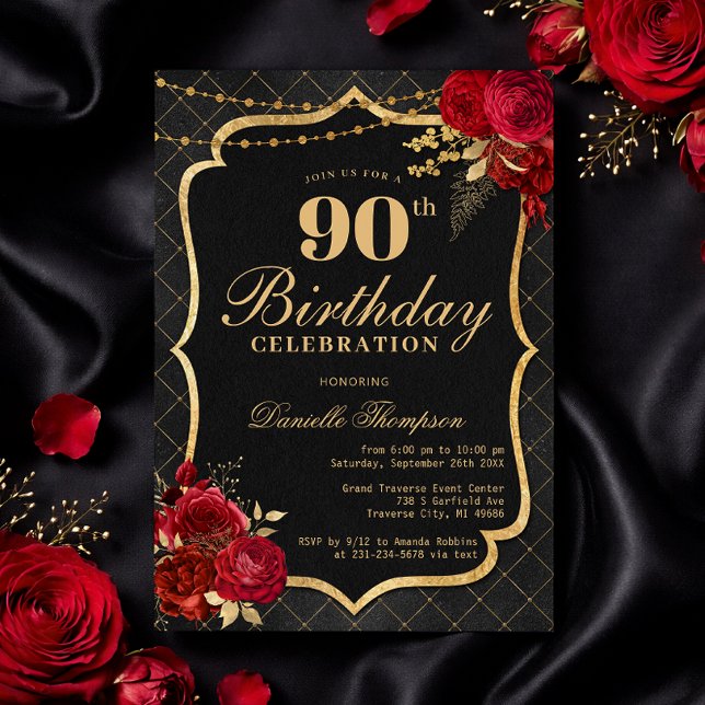 Svart, röd och guld 90-års inbjudan (Black, Red & Gold 90th Birthday Invitation with Roses)