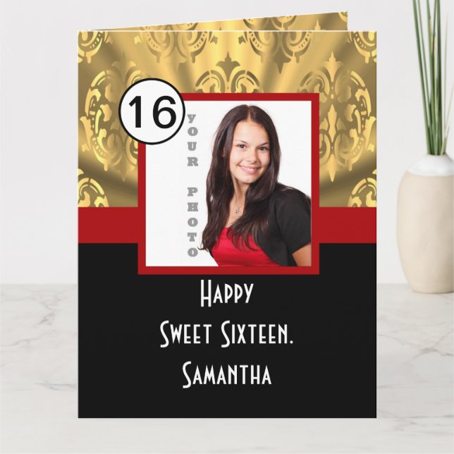 Svart röd och guld sweet sixteen tack kort (Framsida)