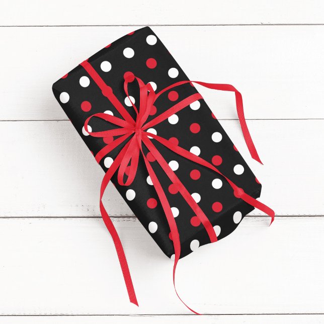 Svart röd och vit prickig presentpapper (Black Red and White Polka Dot Wrapping Paper)