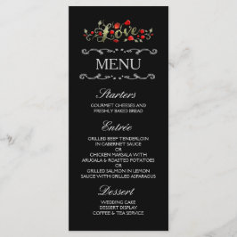 Svart & Röd ros KÄRLEK Matching Bröllop Menu Meny