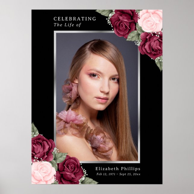 Svart Röd Rosa Blommig Foto Minnes- Begravnings sk Poster (Framsidan)