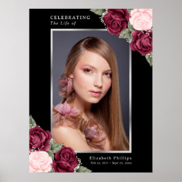 Svart Röd Rosa Blommig Foto Minnes- Begravningssky Poster