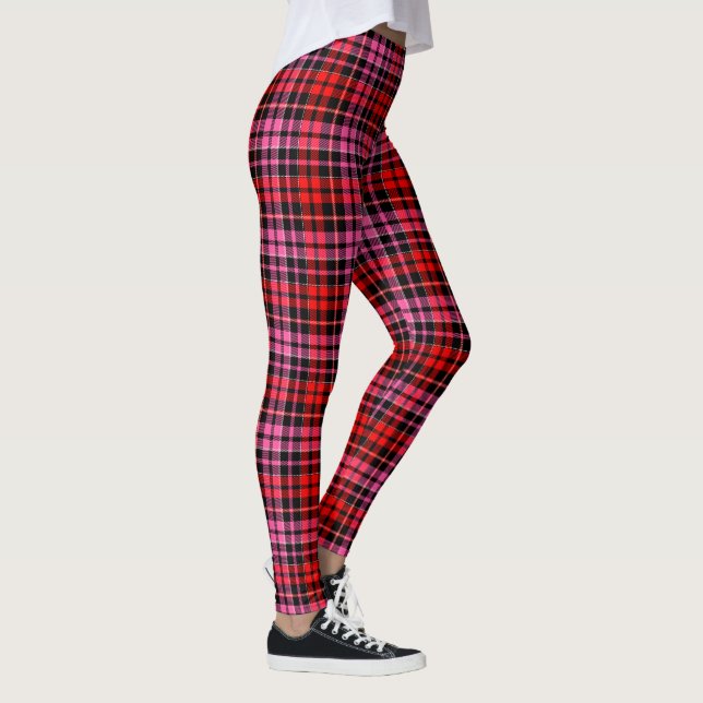 Svart Röd Rosa Rutig Tartan Design  Leggings (Höger)