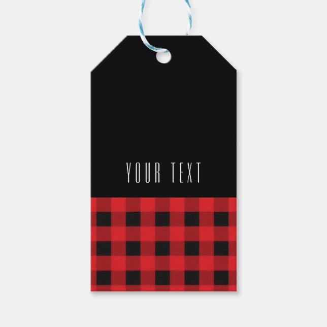 Svart & Röd Rutig Buffalo Checker Mönster Modern Presentetikett (Framsidan)
