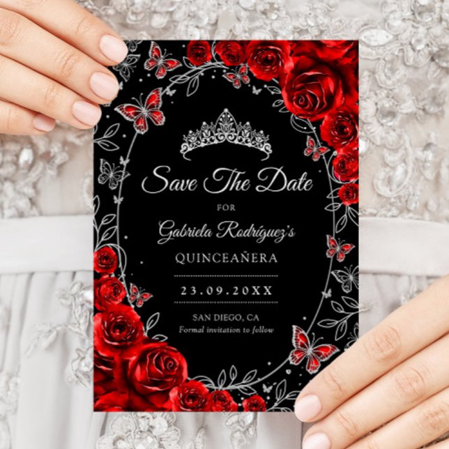 Svart Röd Silver Quinceanera Spara Datumet (Skapare uppladdad)