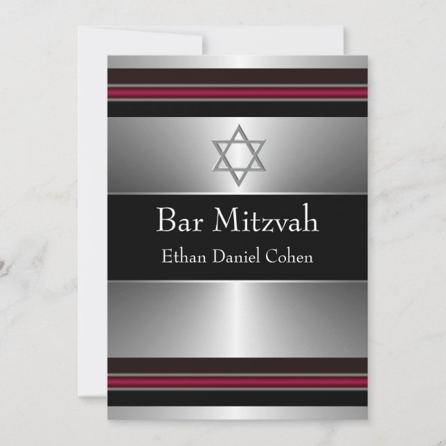 Svart Röd Silver Stjärna av David Bar Mitzvah Inbjudningar (Framsida)