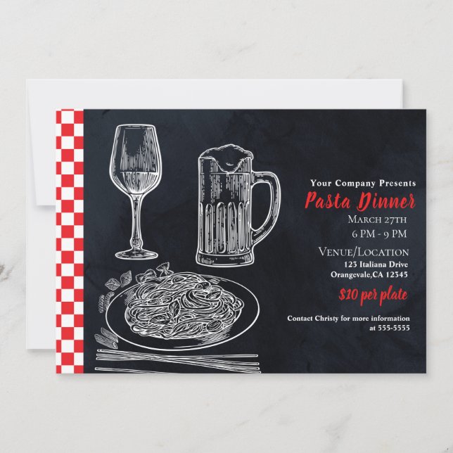 Svart Röd Spaghetti Pasta Krita Middagsparty Evene Inbjudningar (Framsida)