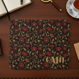 Svart & Röd Vallmo Vintage William Morris Monogram Musmatta