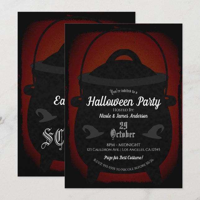 Svart Röd Vintage Häxkittel Halloweenfest Inbjudningar (Fram/baksida)